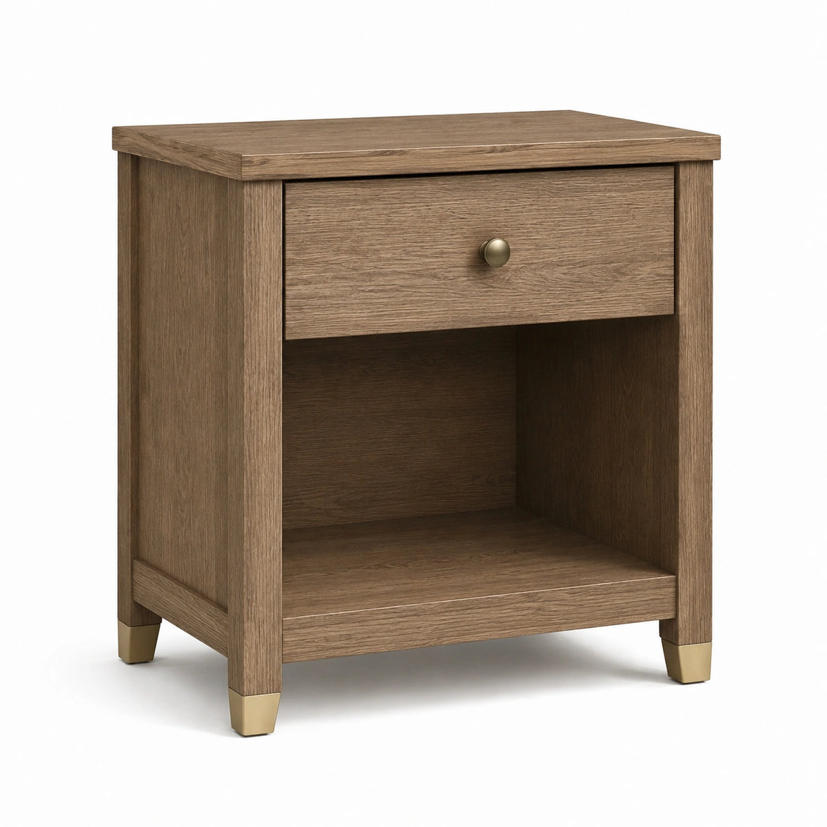 Mesita de noche de madera de roble con detalles metálicos