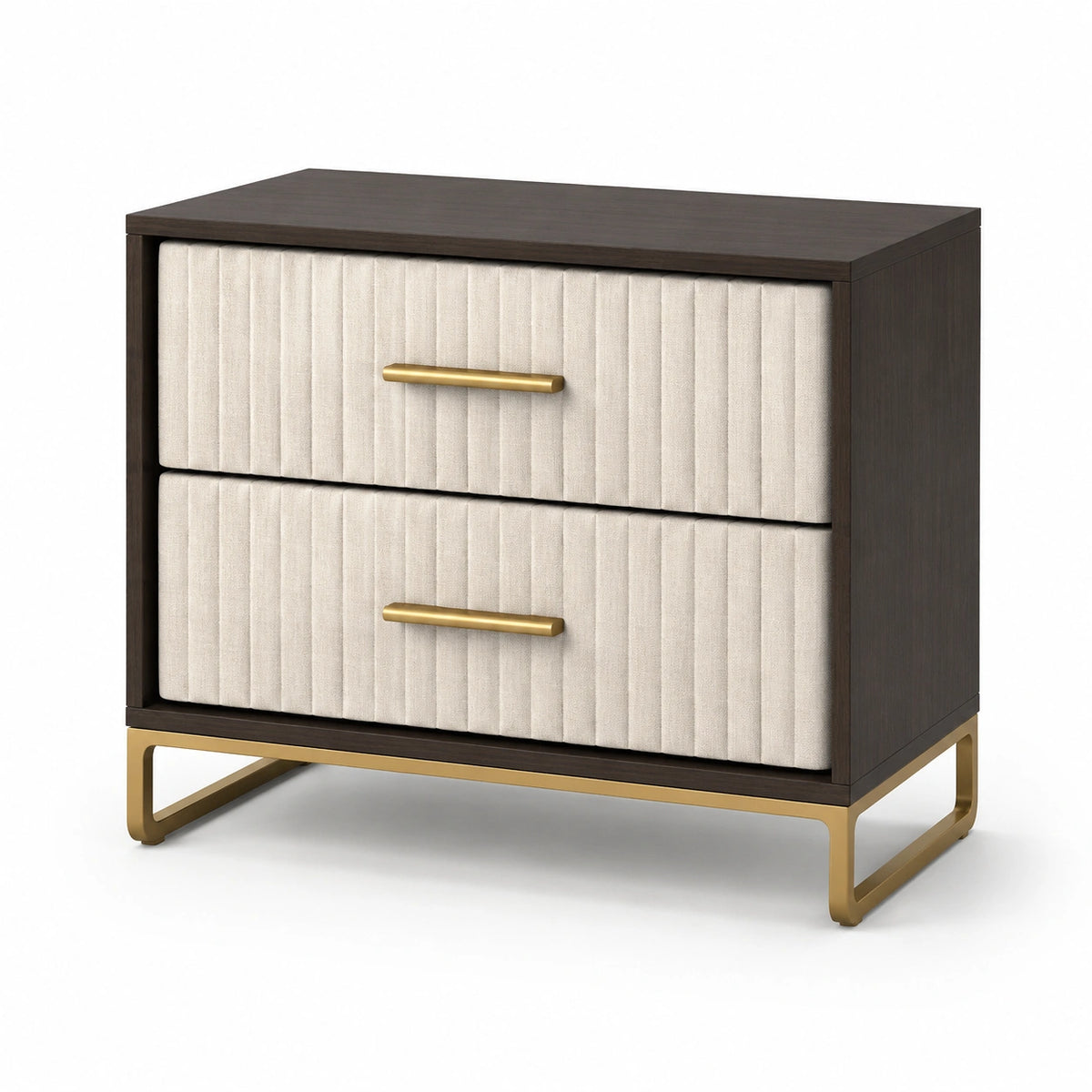 Mesita de noche con 2 cajones de madera, lino y metal dorado
