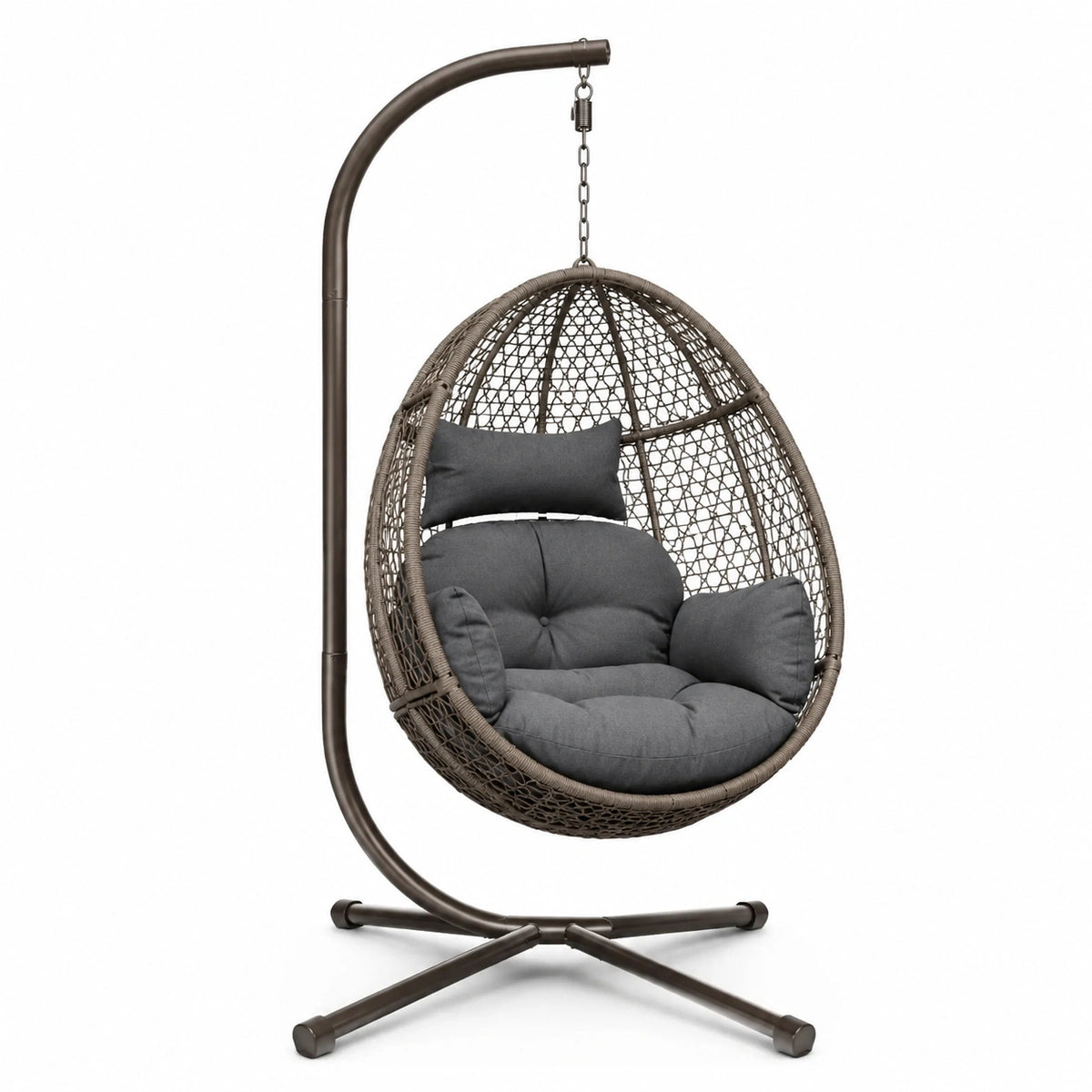 Sillón colgante de ratán sintético color marrón con cojines gris oscuro