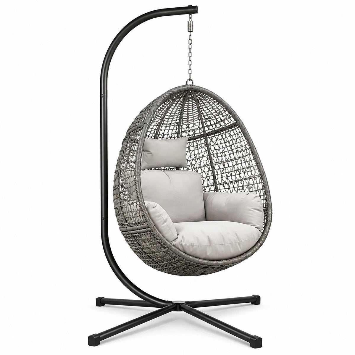 Sillón colgante de acero y mimbre sintético gris con cojines crema