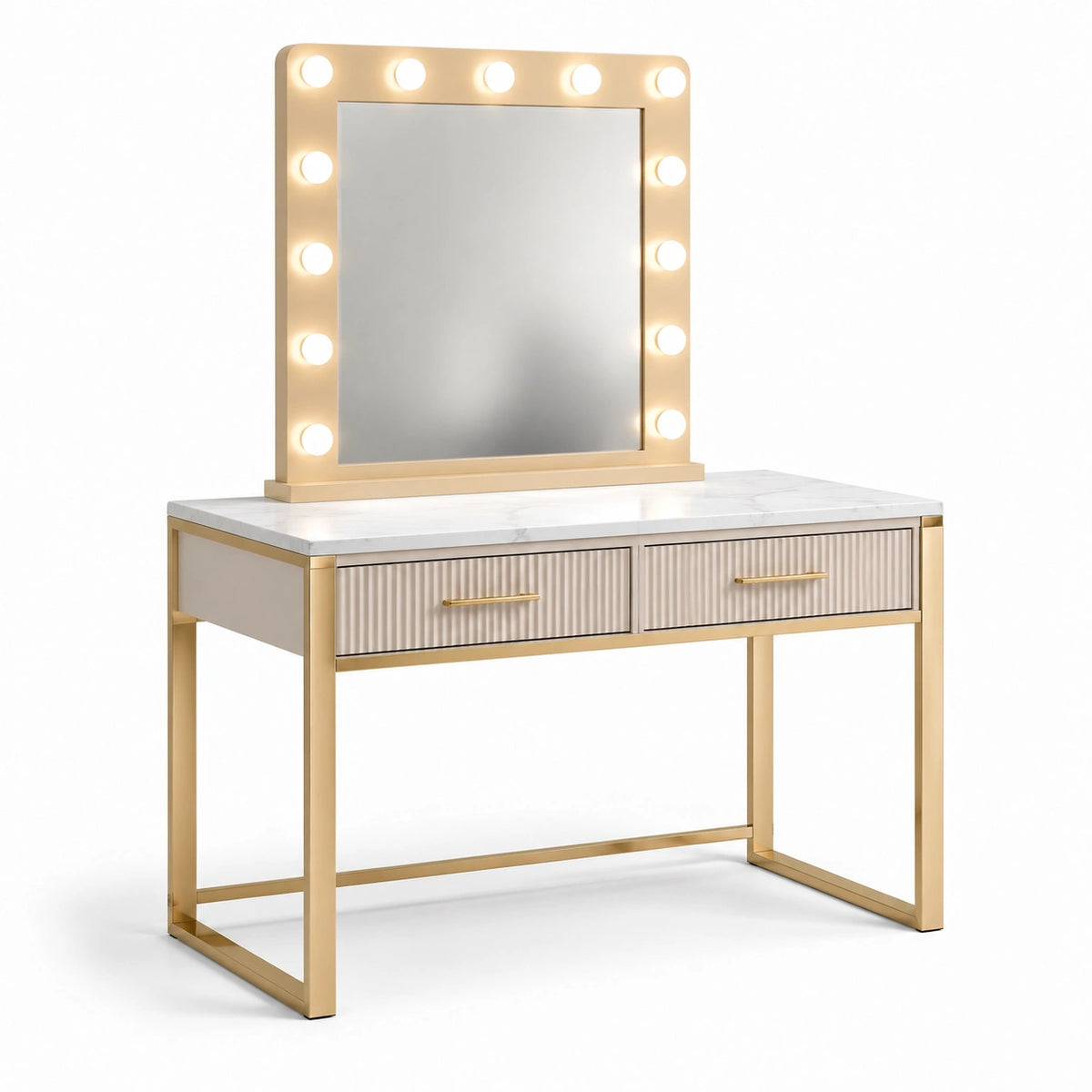 Tocador con Espejo Iluminado y Mesa de Mármol, Oro, 140 cm x 45 cm x 150 cm