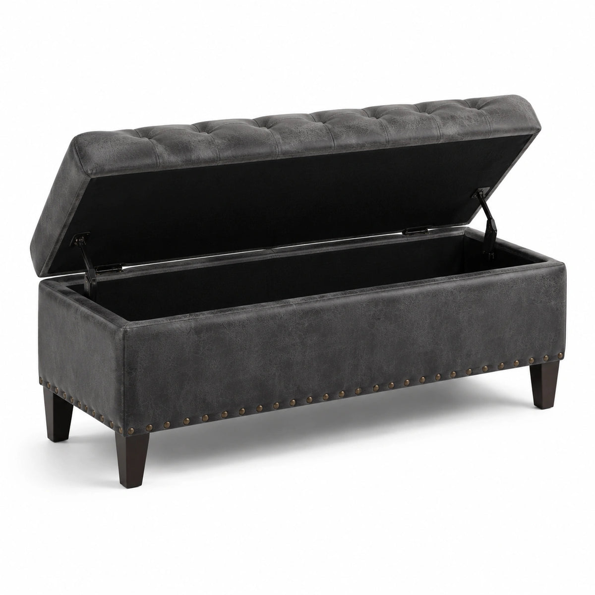 Banco de almacenamiento gris con patas de madera y tapa abatible