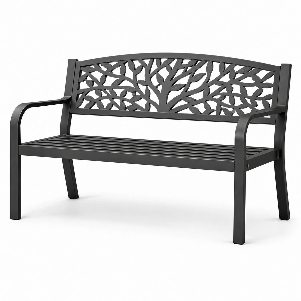 Banco de metal con respaldo decorativo de árbol