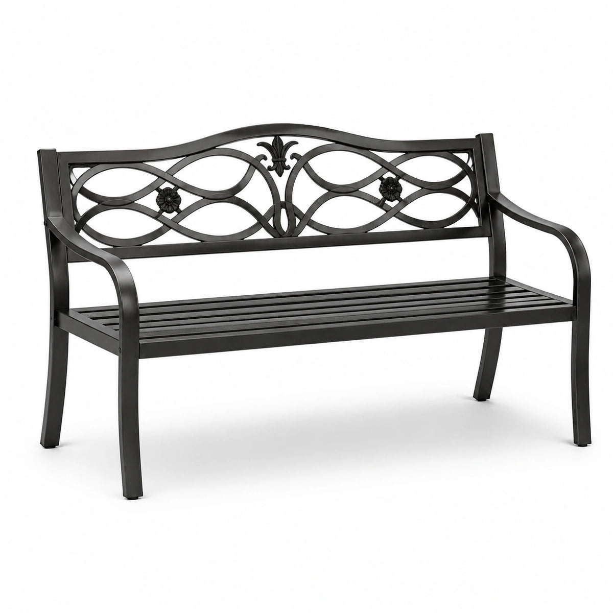 Banco de metal negro con respaldo decorativo