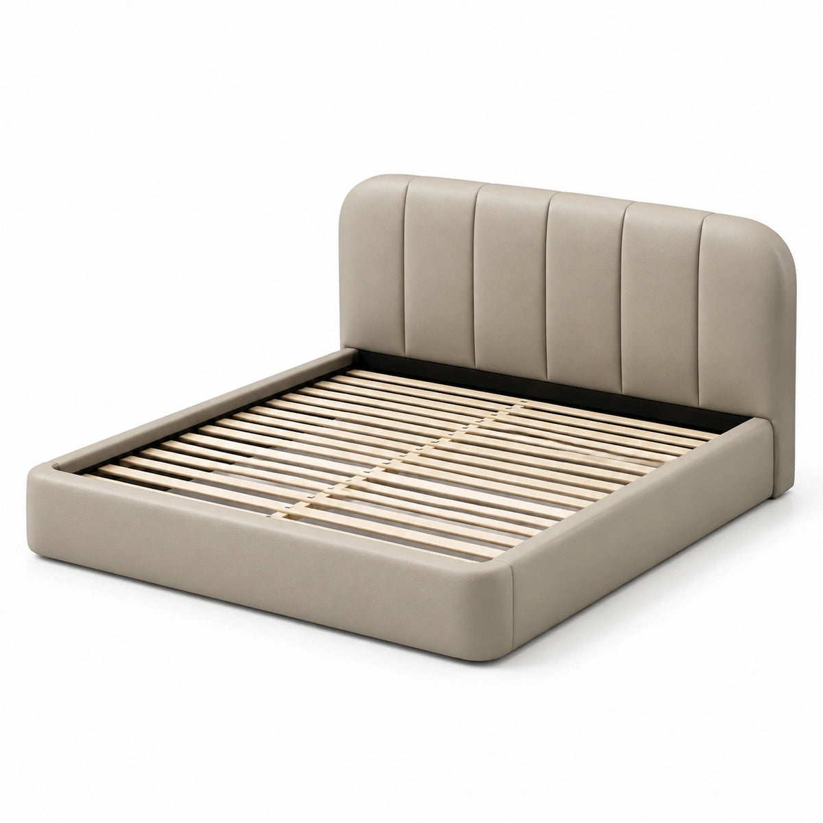 Cama doble de cuero sintético beige con somier 200x180 cm