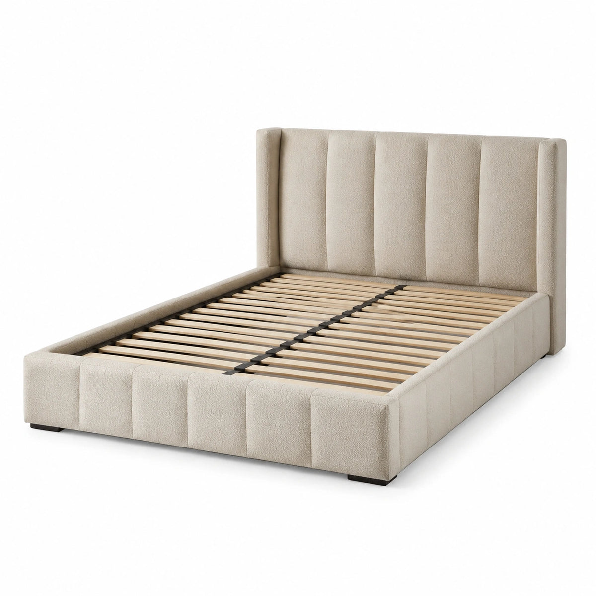 Cama doble de madera y tela de poliéster beige 200x160 cm