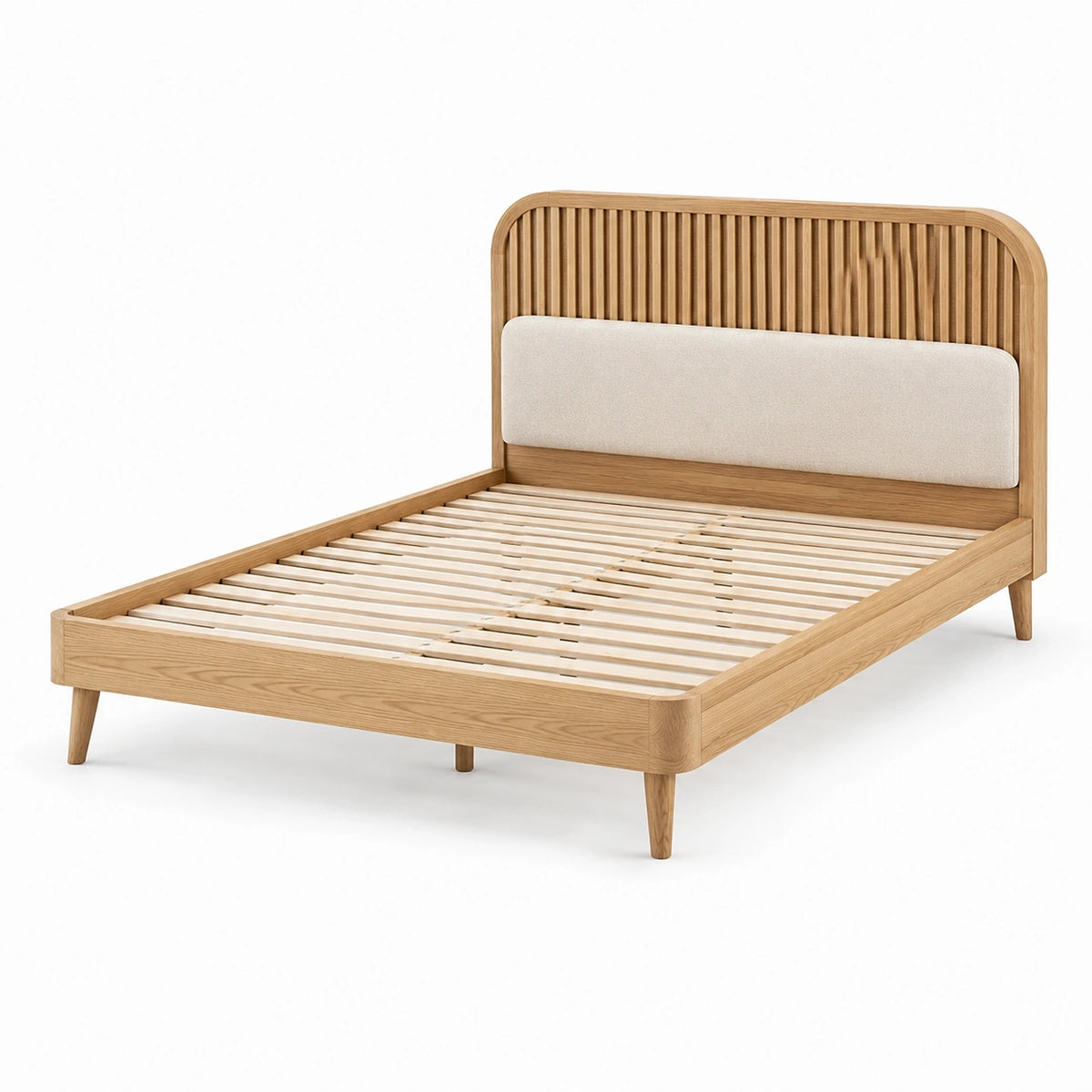 Cama doble de madera maciza de roble con cabecero tapizado beige 200x160 cm