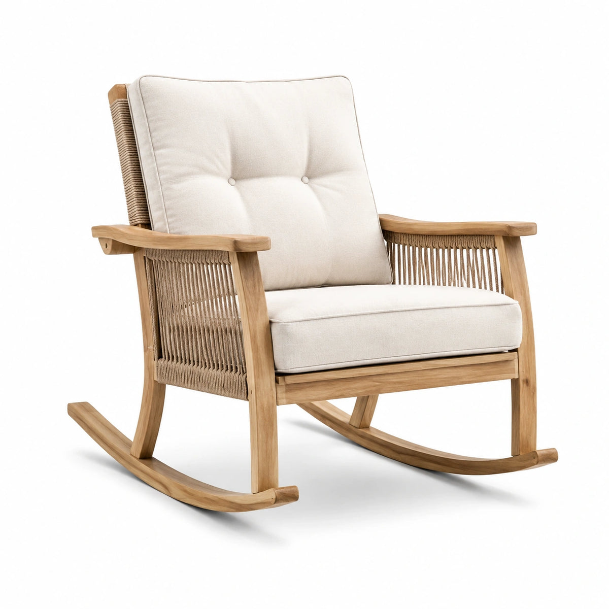 Mecedora de Madera de Teca y Cojines Beige